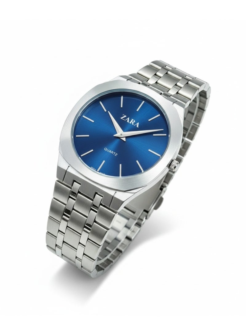 ZARA Stainless Steel Quartz Watch with Blue Sunray Dial - Image 4